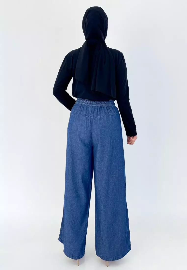 LEZAHRASIGNATURE Palazzo Emily - Celana Panjang Kulot Denim Wanita - Biru Tua