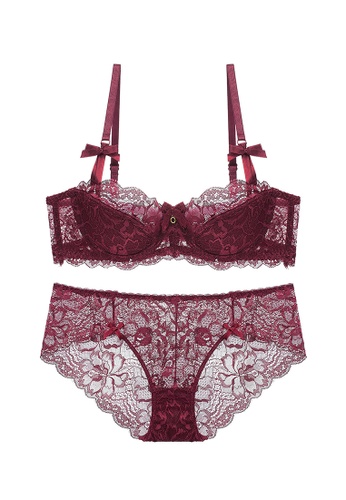 ZITIQUE red Women's European Style Half-Cup Ultra Thin Pad See-through Lace Lingerie Set (Bra And Underwear) - Wine Red 6EFDBUSCFFEB22GS_1