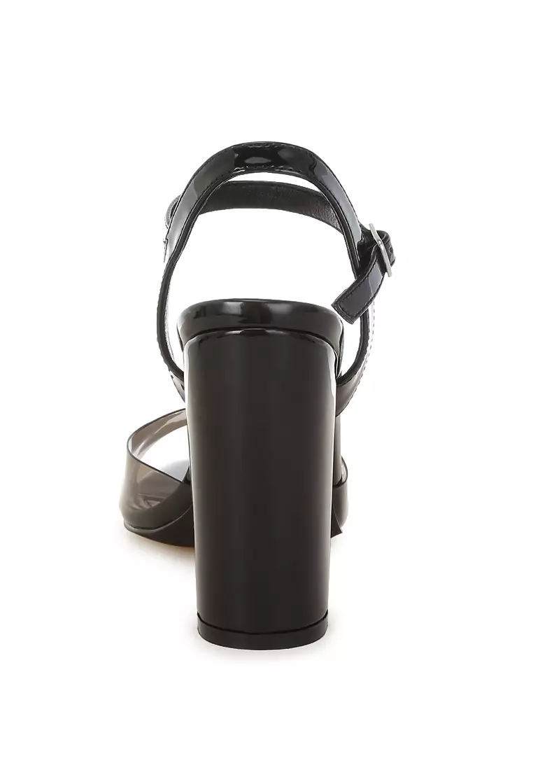 Tinted Clear Strap Block Heel Sandals in Black