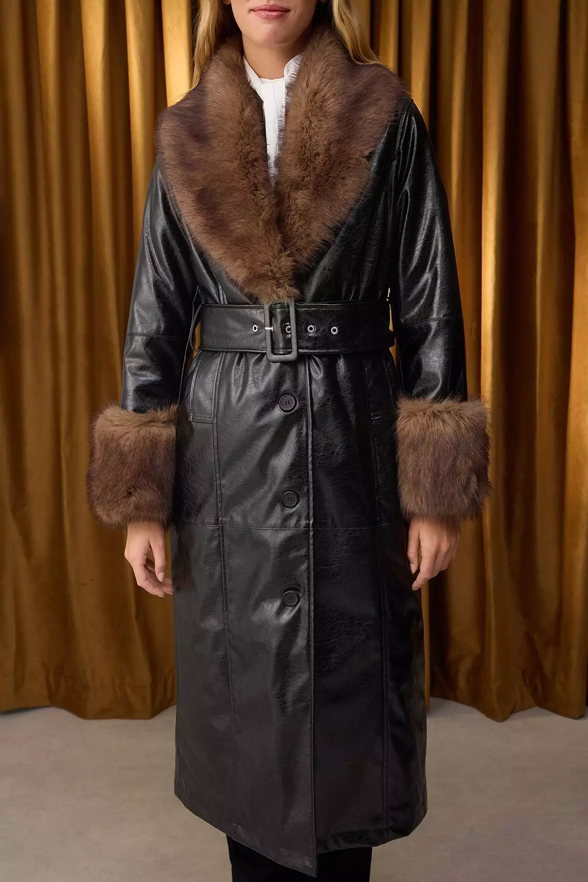 Special Collection Black Faux Leather Fur Detailed Mono Closure Oversize Long Coat