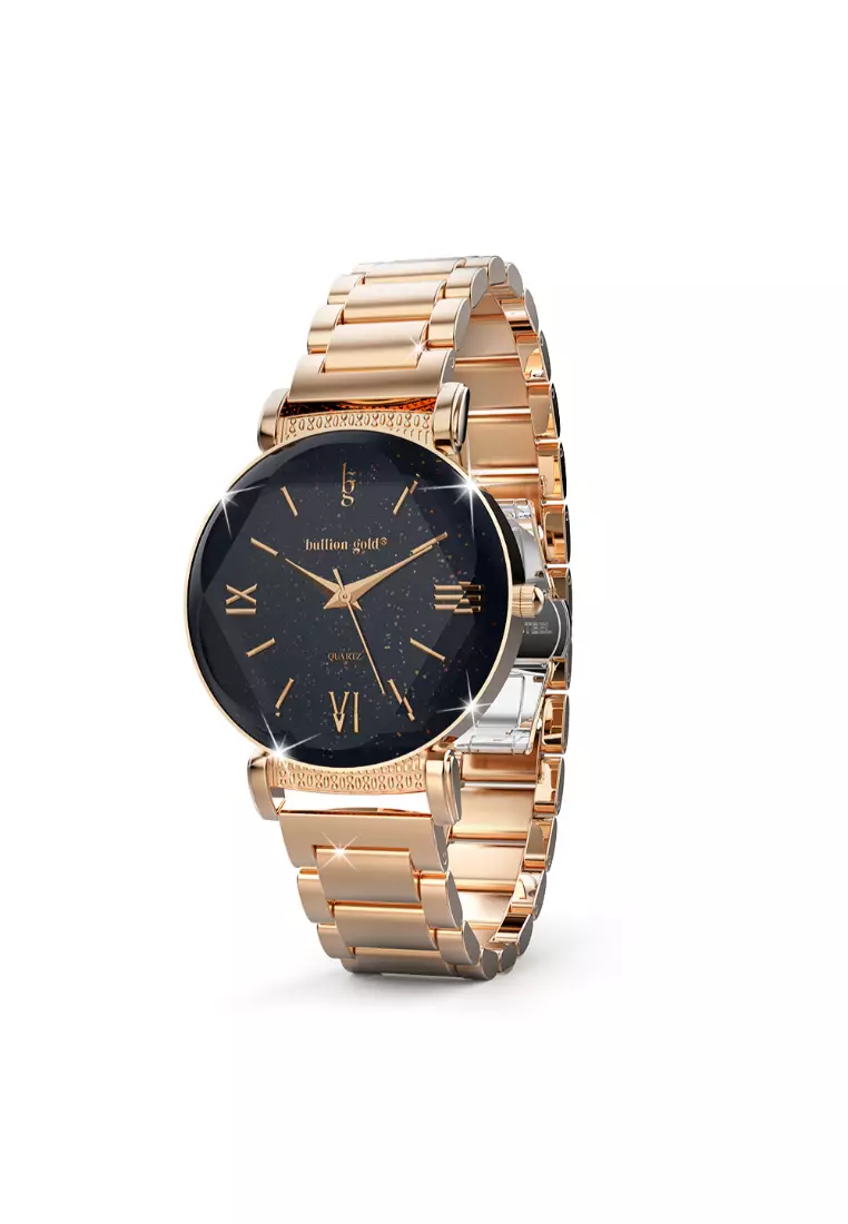 Romish Watch Embellished with Glittering Crystals - Rose Gold and Black