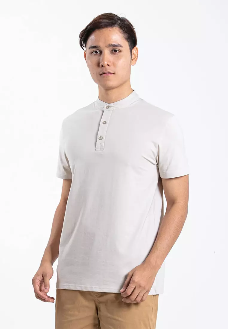 Forest Premium Weight Cotton Stretchable Mandarin Collar T Shirt Men Slim Fit Tee | 23856-16LtKhaki