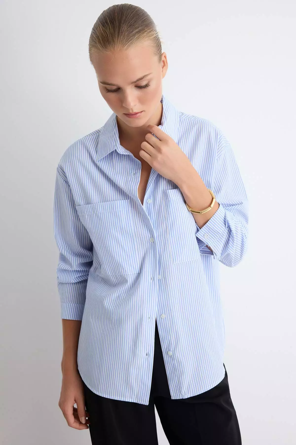 Blue Striped Pocket Detail Oversized/Wide Fit Woven Shirt