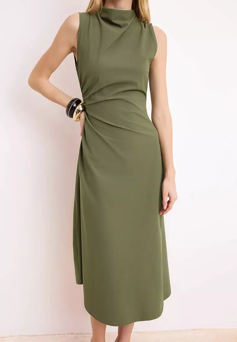 Khaki A-Line/Bell Form Asymmetrical Sleeveless Shirred Midi Paper Touch Knitted Dress Twoss26El156