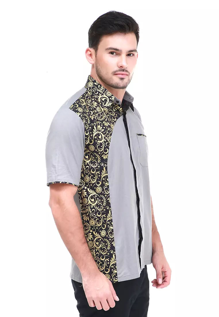 Dwan Kemeja Batik Pria Right Side Atasan Formal Shortsleeve Shirt Material Cotton ORIGINAL - Grey