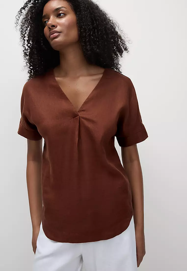 Pure Linen V-Neck Relaxed Popover Blouse