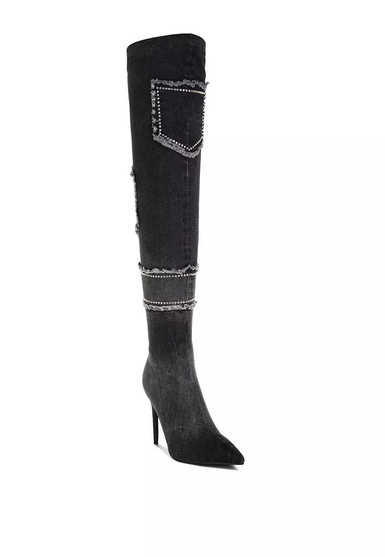 Rhinestones Knee High Denim Boots in Black