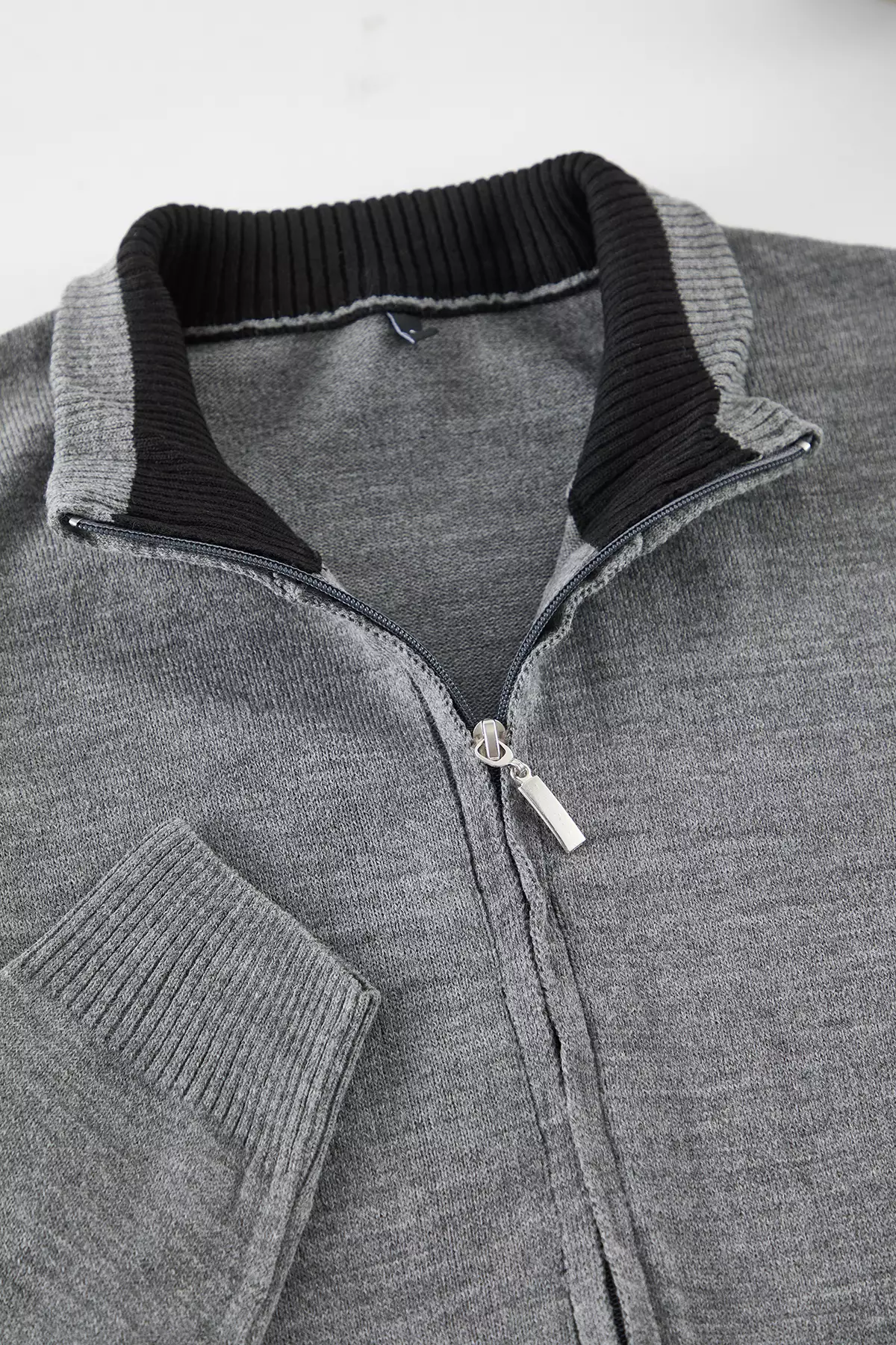 Gray Slim Fit Half Turtleneck Plain Knitwear Cardigan