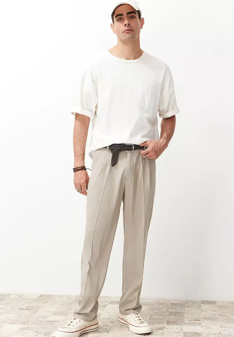 Stone Pleated Classic Baggy Fit Fabric Pants Tmnss24Pl00024