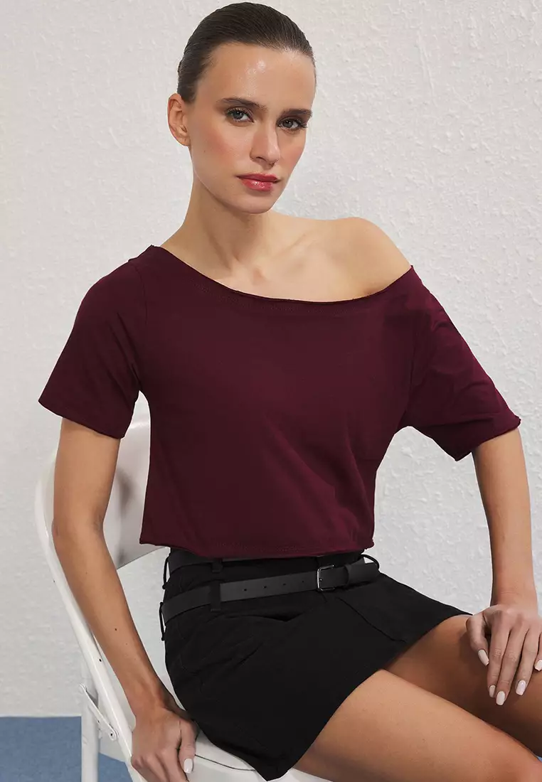 Anthracite-Burgundy 2'S Package 100% Cotton Asymmetrical Boat Neck Crop Knit T-Shirt Twoss25Ts00194