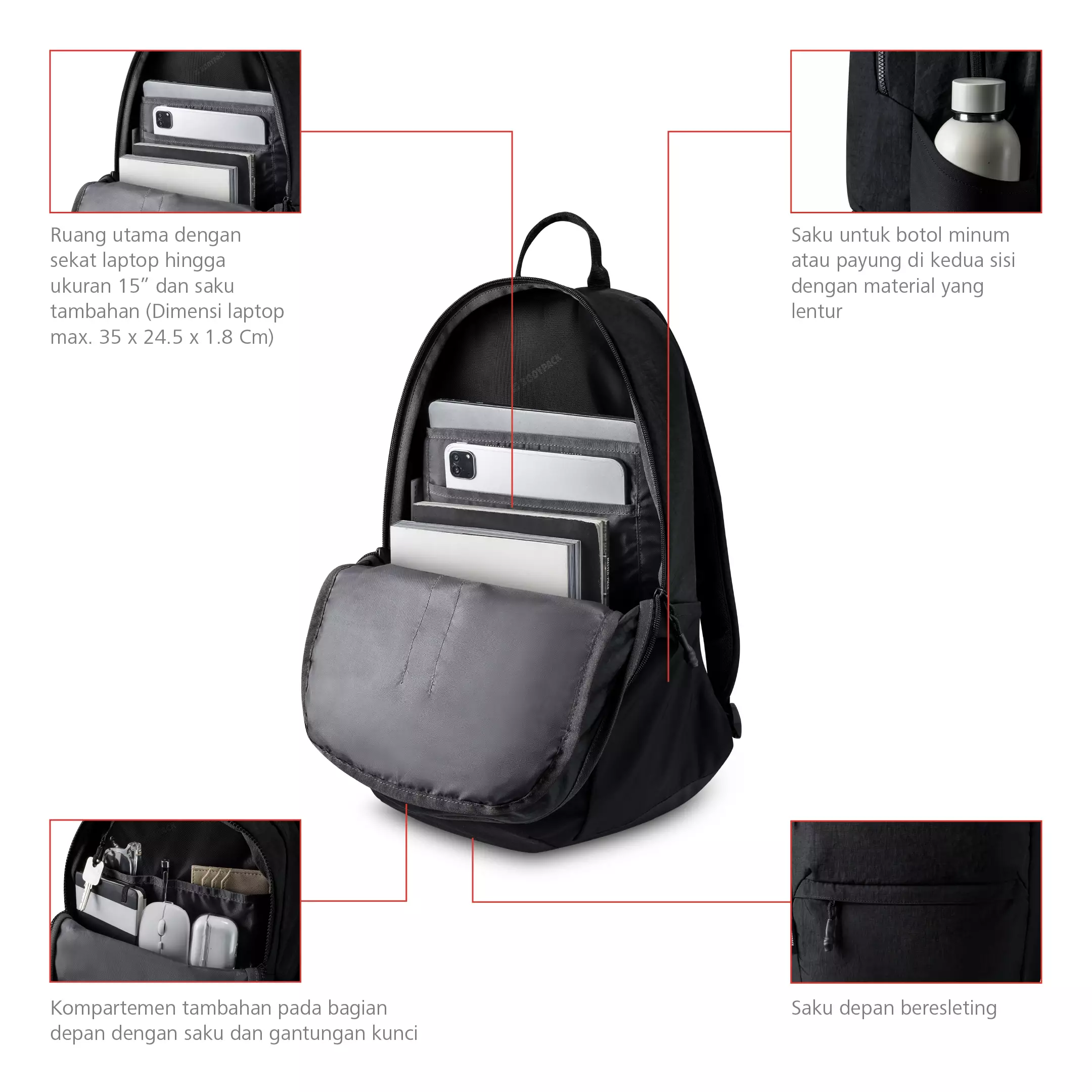 Barrow Laptop Backpack 15 Inch Tas Ransel Kerja Kuliah Sekolah Ringan Stylish 24 L - Hitam