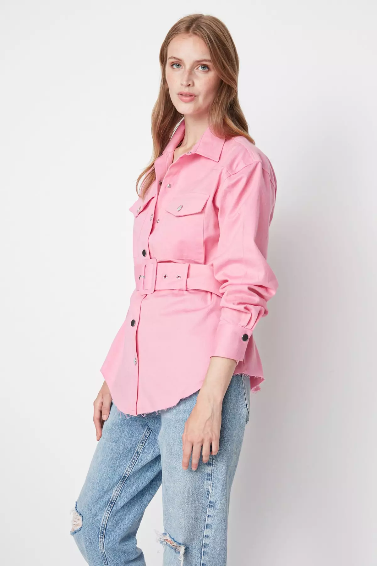 Pink longline denim sales jacket