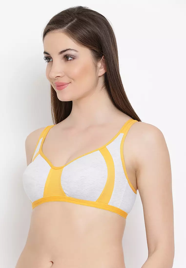 Clovia Supportz Non-Padded Non-Wired Colorblocked Full Coverage Bra in Yellow & Grey - Cotton