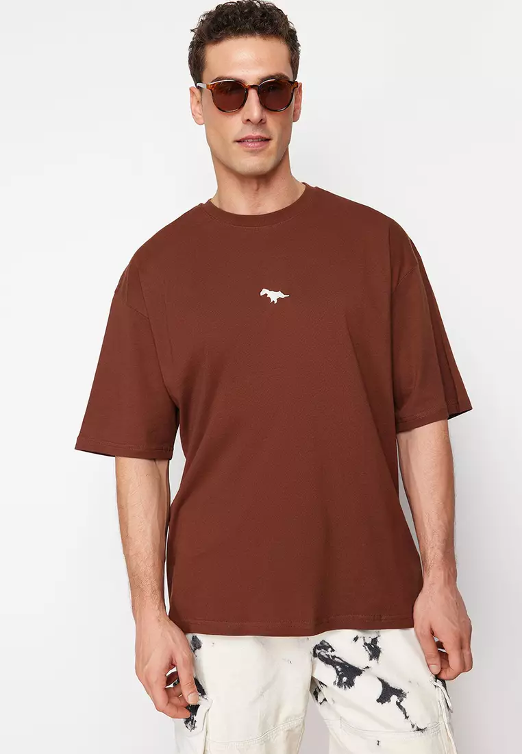 Brown Oversize/Wide Cutting Dinosaur Embroidered 100% Cotton T-Shirt TMNSS23TS00243 TMNSS23TS00243