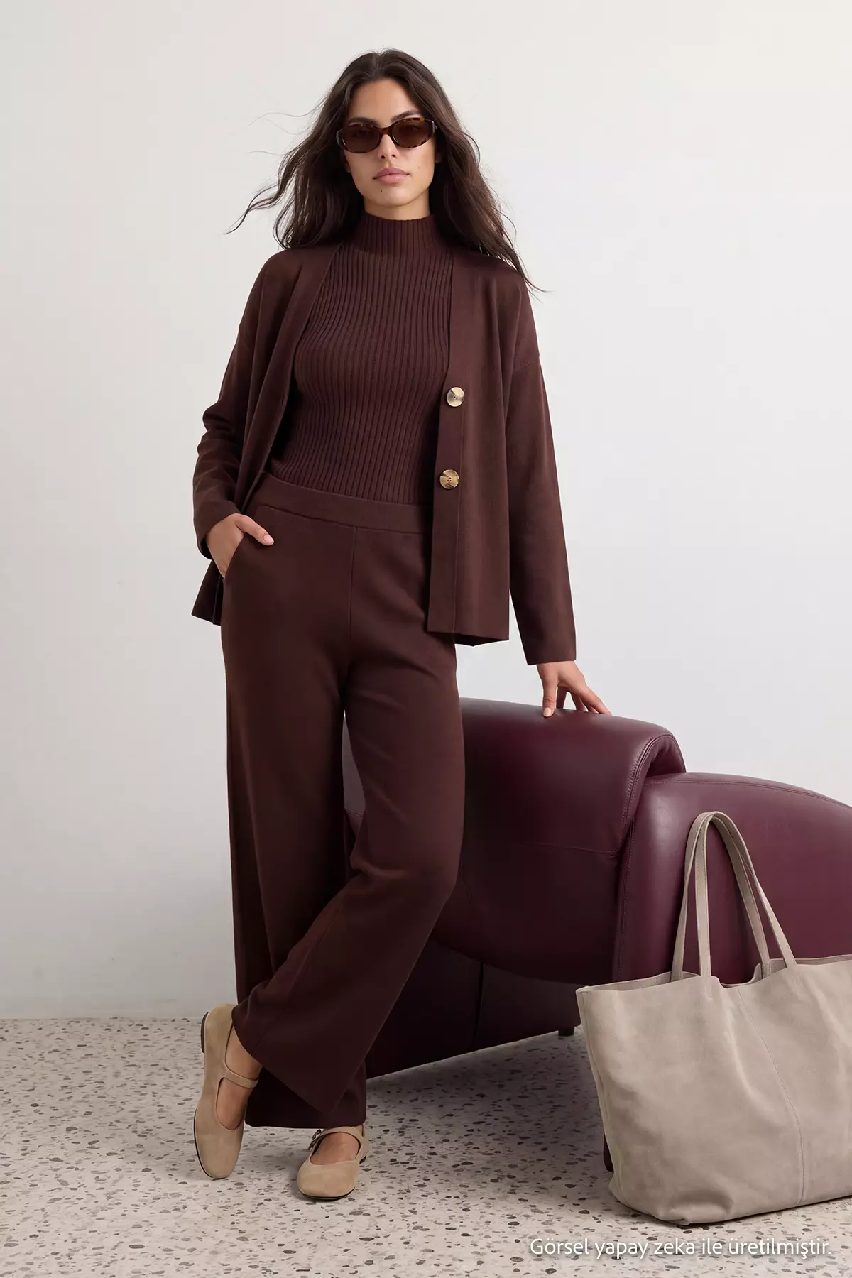 Brown Accessory Detailed 3-Piece Cardigan-Blouse-Pants Knitwear Set