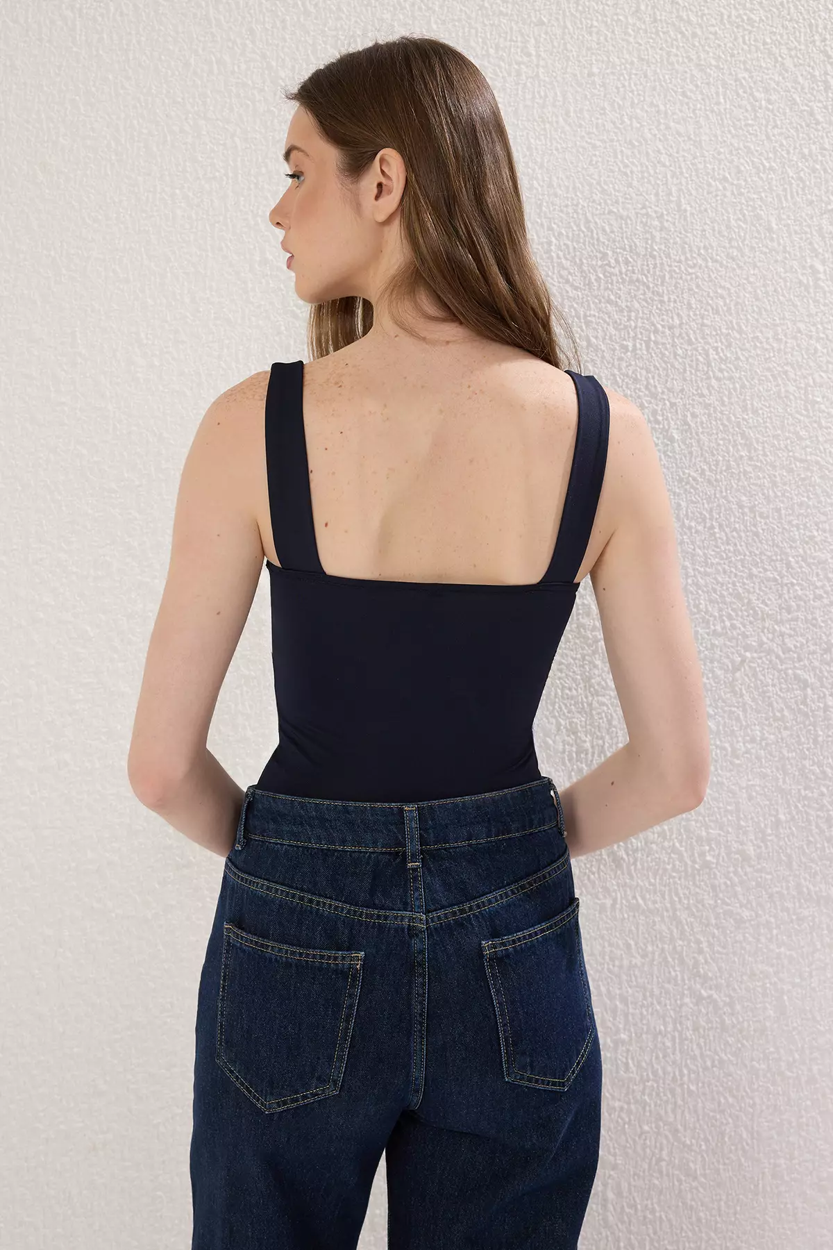 Navy Blue Fitted/Fits on the Body with Back Detail Square Neck Snap Elastic Knitted Bodysuit TWOSS24BD00026