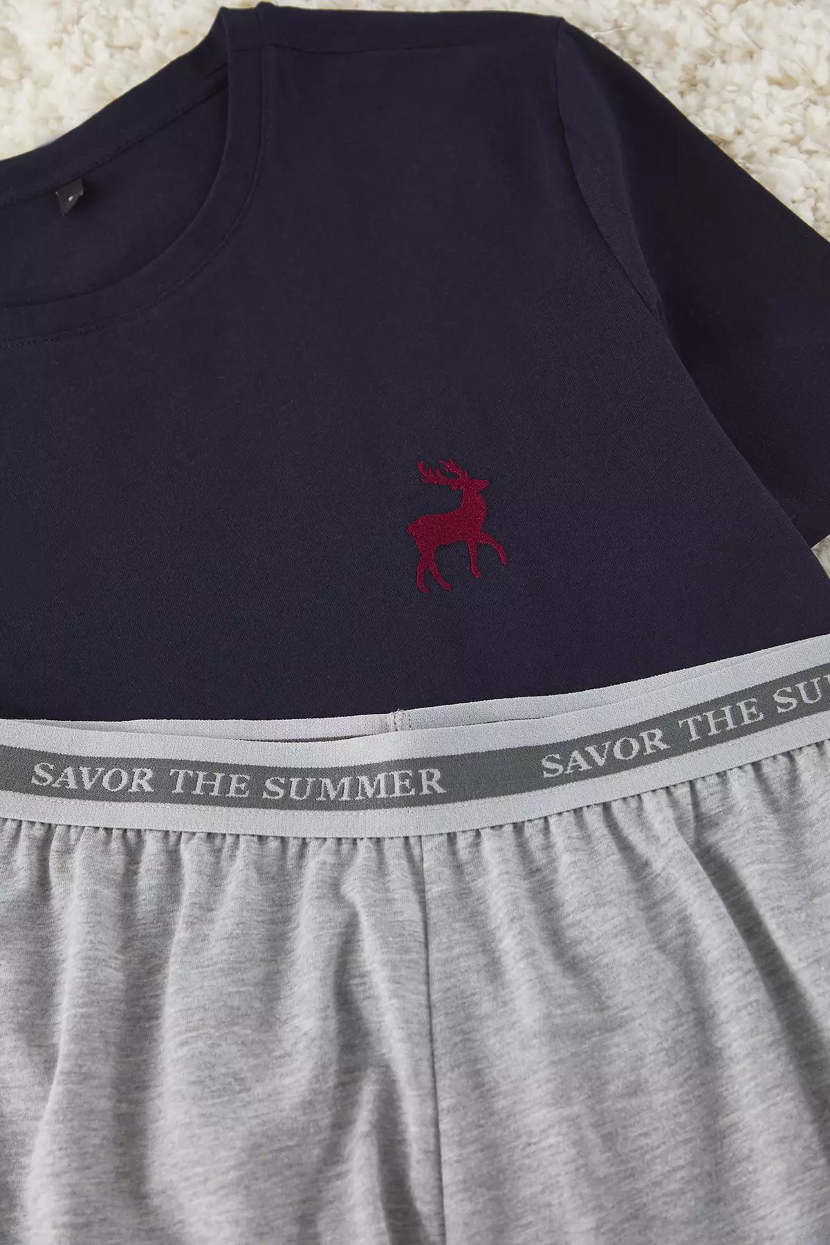 Navy Blue - Grey Melange Slim Fit Dowry Deer Embroidered Shorts Knitted Pajama Set TMNSS25PT00070