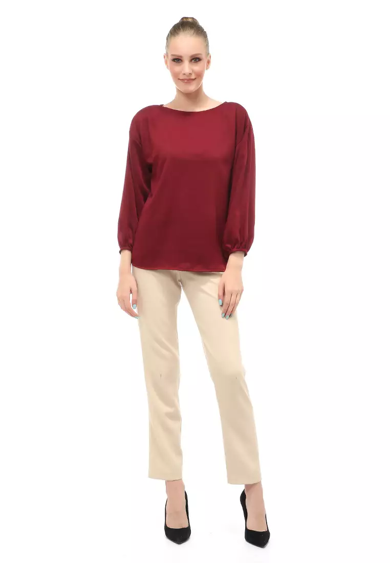 Blouse Lengan Balon Motif Solid Design Simple Regular Fit - Maroon