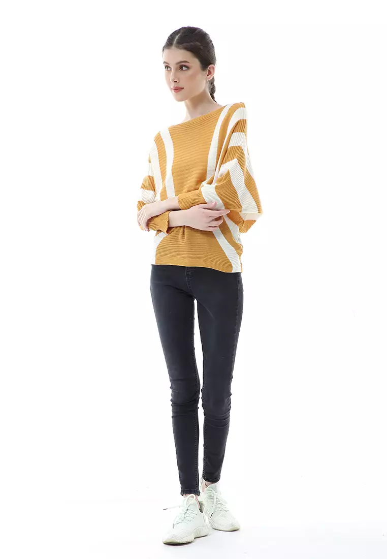 Viana Blouse Rajut Atasan Wanita Motif Zebra Stripe Oversize Jumbo Premium Quality - Mustard