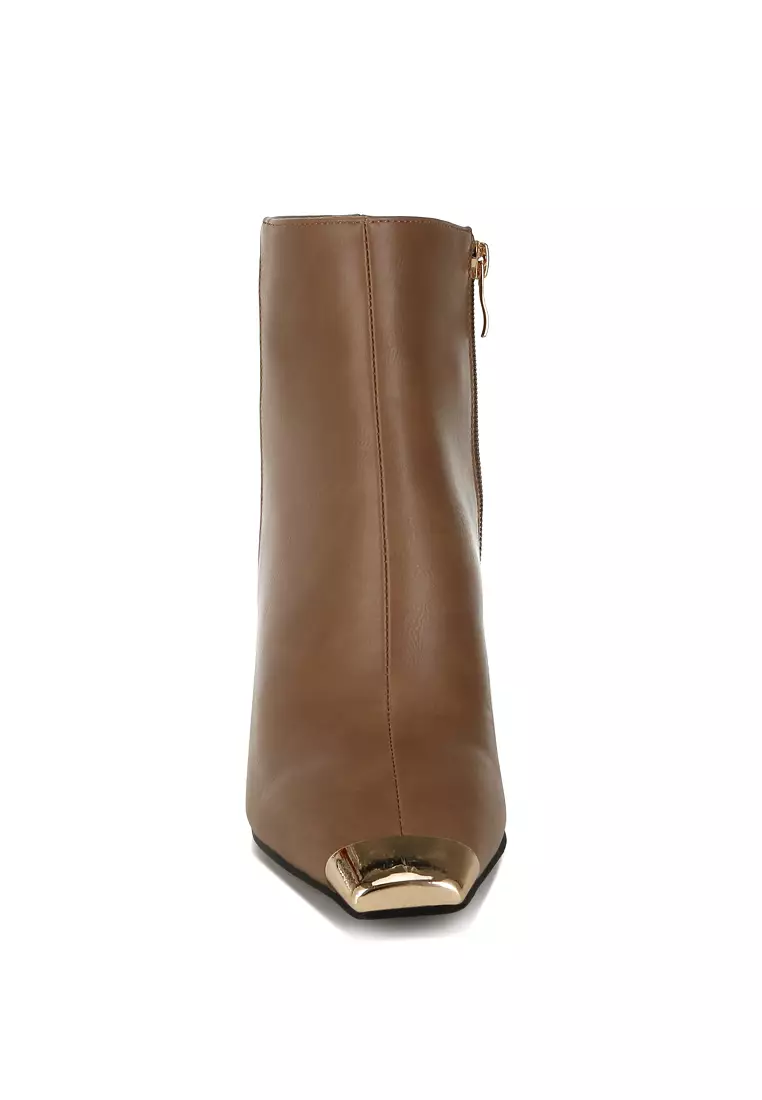 Metallic Cap Toe Faux Leather Boots in Brown