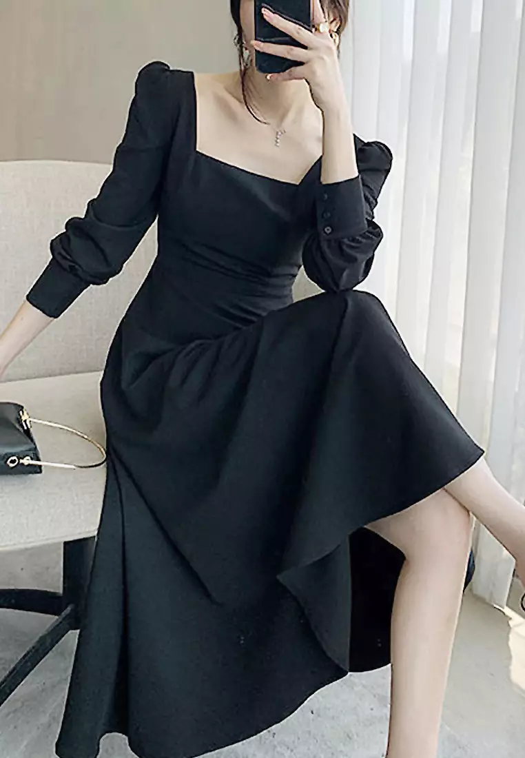 Buy Twenty Eight Shoes VANSA Square Neck Waist Long Sleeve Dress
