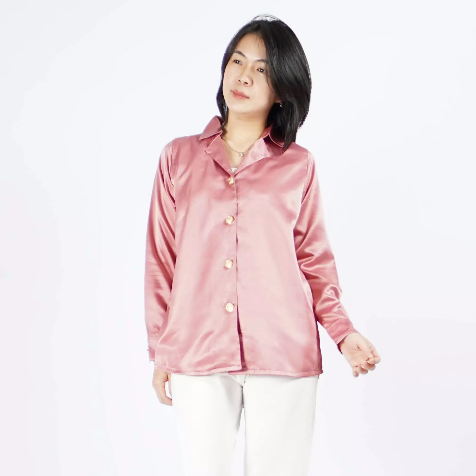 Kemeja Satin VICTORIA Kemeja Wanita Gaya Korea - Pink