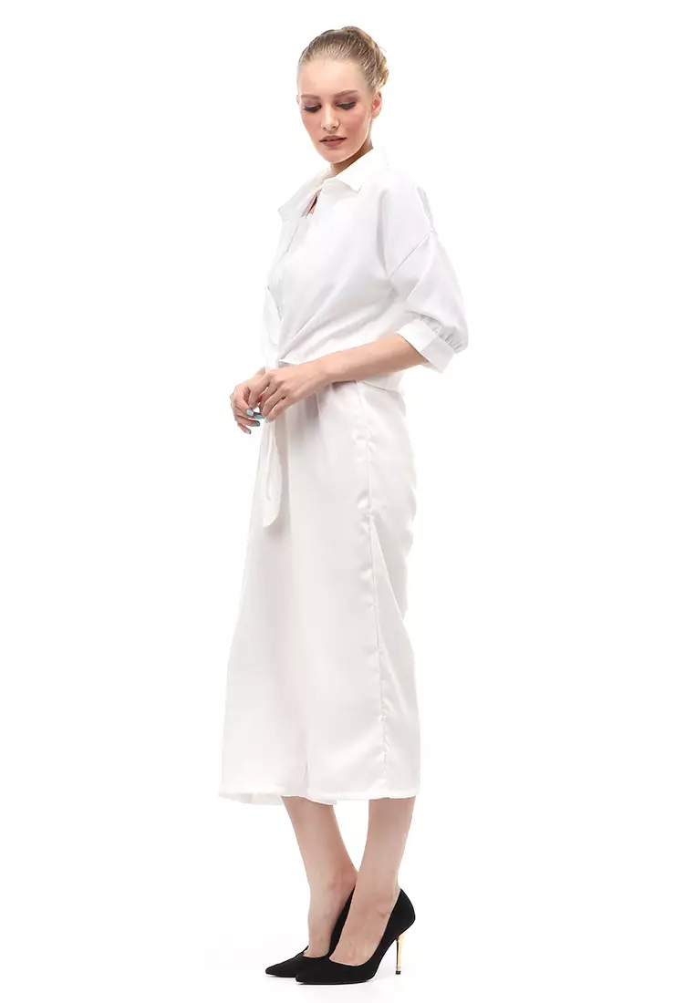 Jumpsuit Wanita Casual Motif Solid Setelan Relaxed Fit - Putih