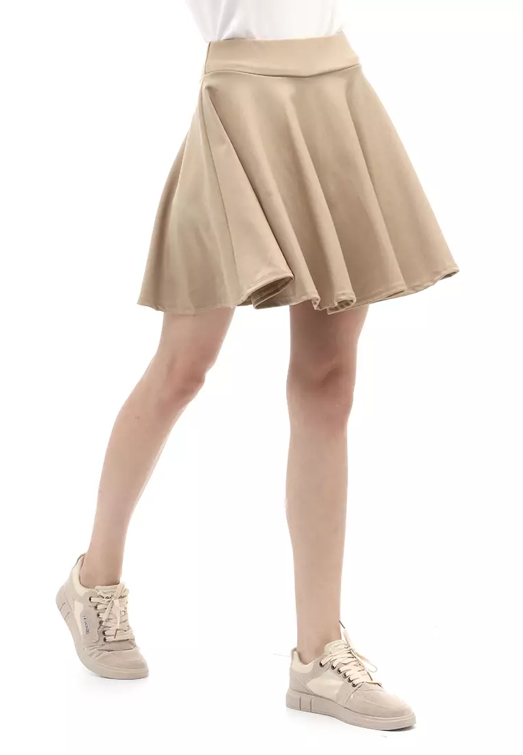 Rok Midi Bawahan Wanita Motif Solid Casual Relaxed Fit - Beige