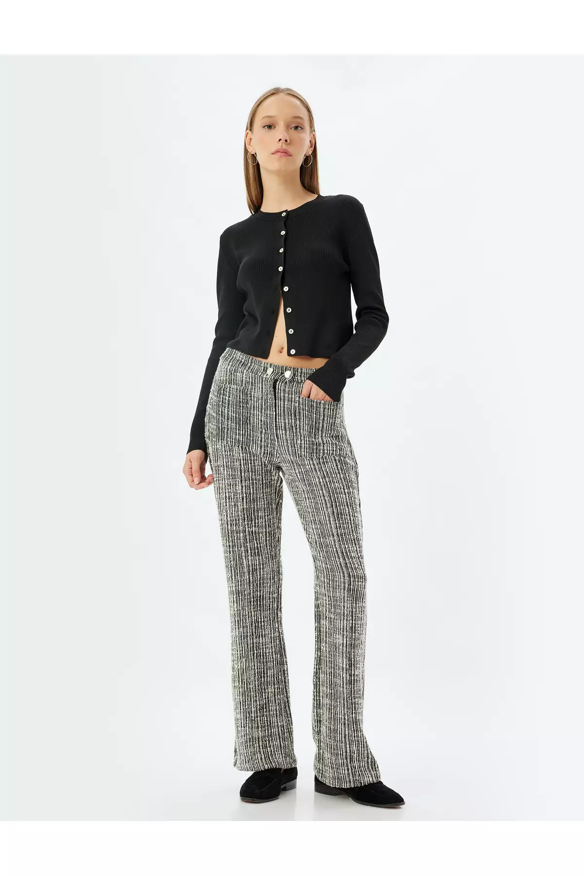 High Waist Trousers Buttoned Straight Leg Textured Pocket Detail