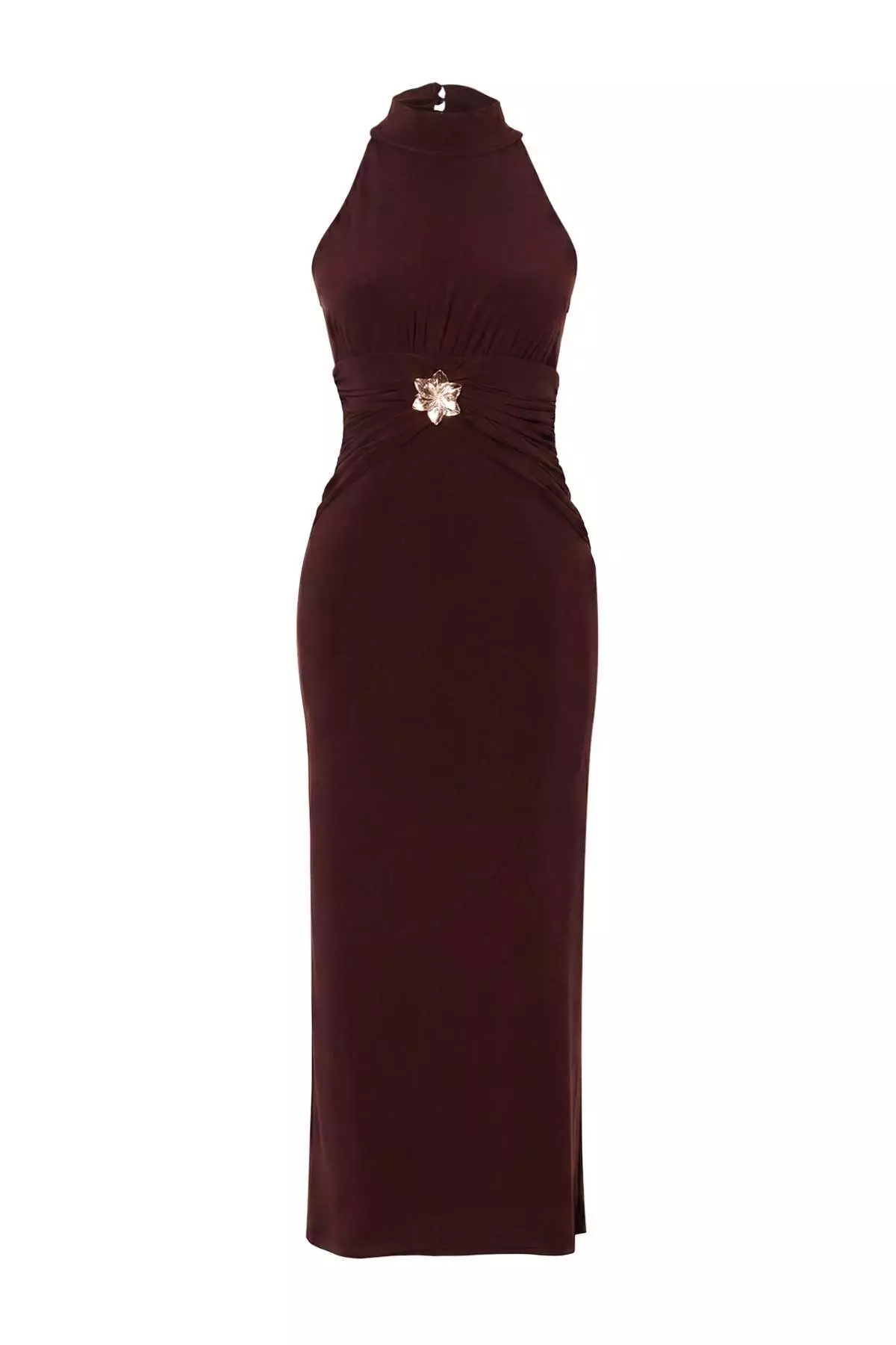 Brown Bodycon Halter Neck Sleeveless Accessory Detailed Midi Stretchy Knitted Dress Twoss26El00267