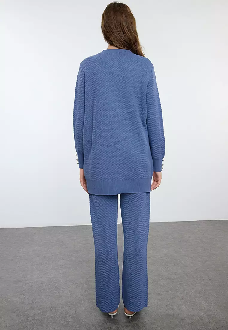 Indigo Pearl Buttoned Knitwear Bottom-Top Set TCTAW25US00035