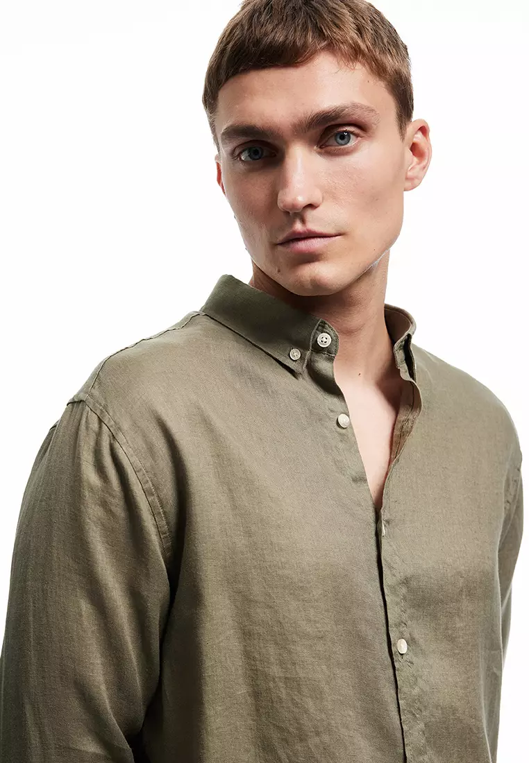 Long Sleeve Regular Fit Button Collar Classic Linen Shirt