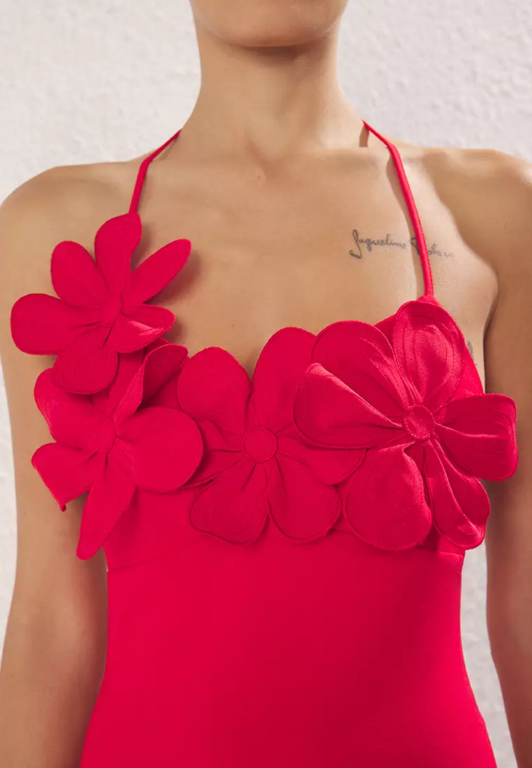 Red Rose Detailed Woven Long Elegant Evening Night Graduation Dress TPRSS25AE00135