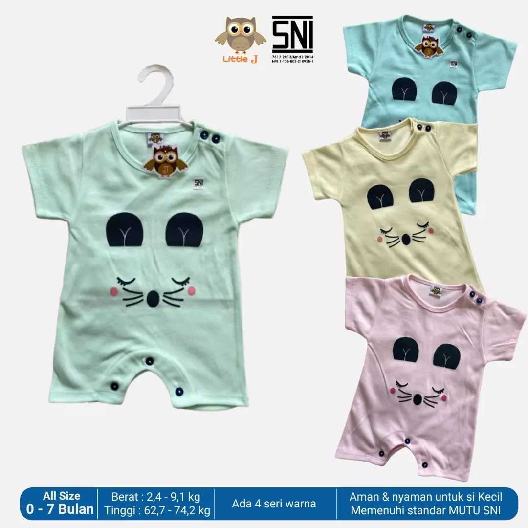 Little J Jumsuit Bayi Jumper Pendek Anak Cewek Romper Baju Kodok Motif Kucing SNI Lokal