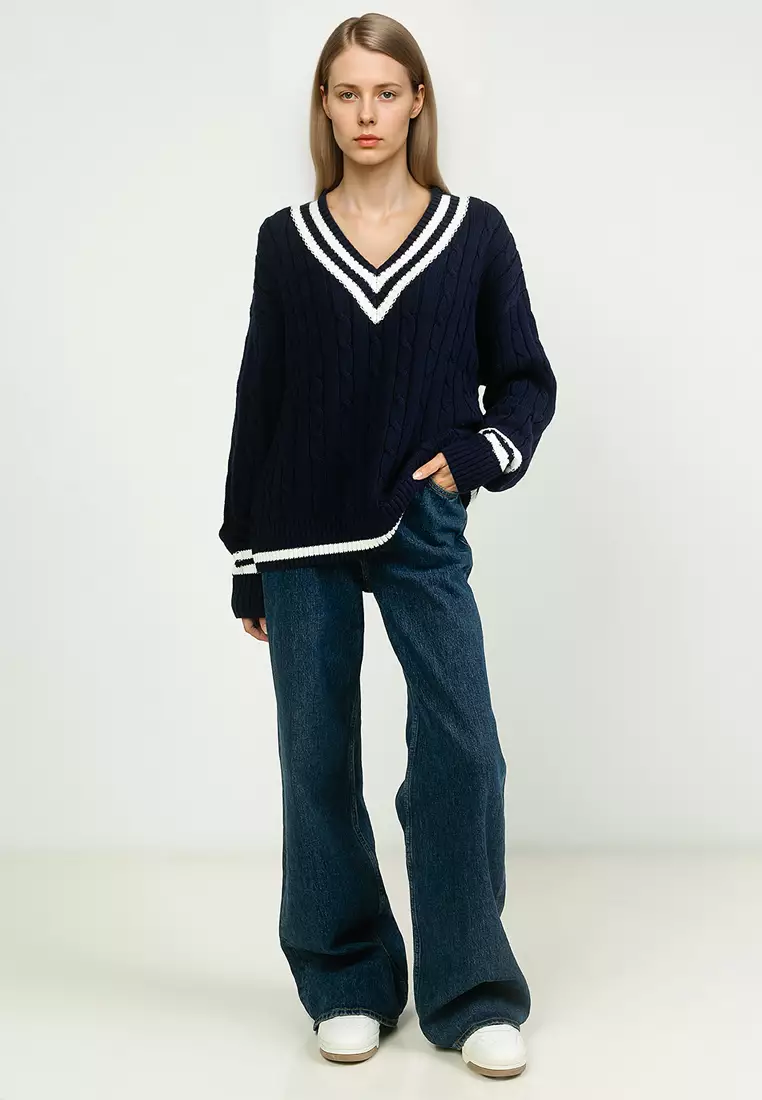 V-Neck Tipping Cable Popover Sweater