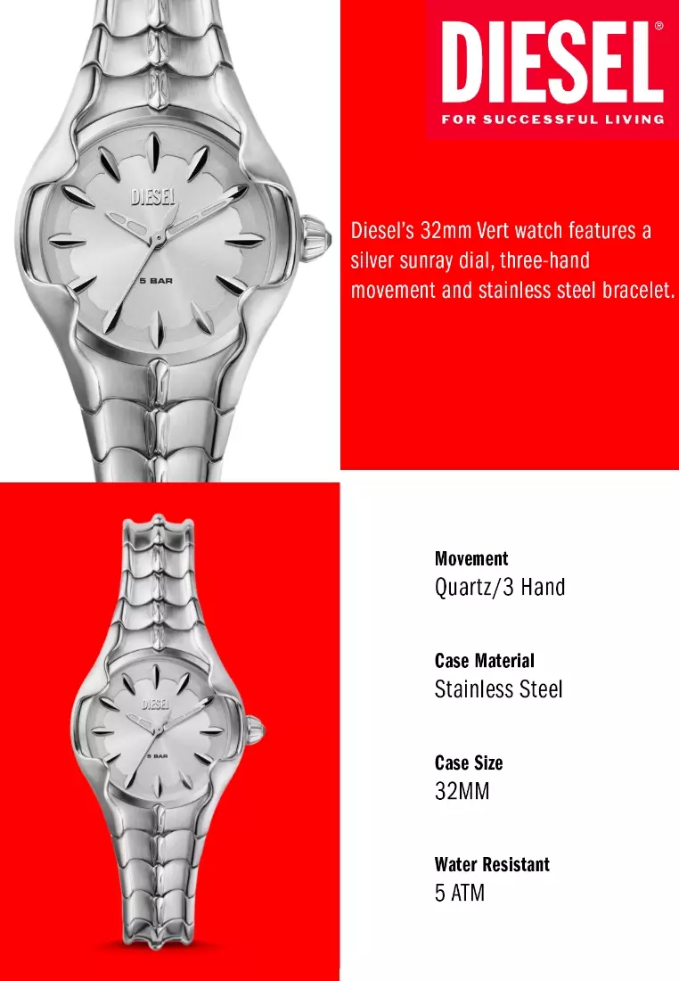 Diesel Women's Vert Analog Watch ( DZ5605 ) - Quartz, Silver Case, Round Dial, 14 MM Silver Stainless Steel Band