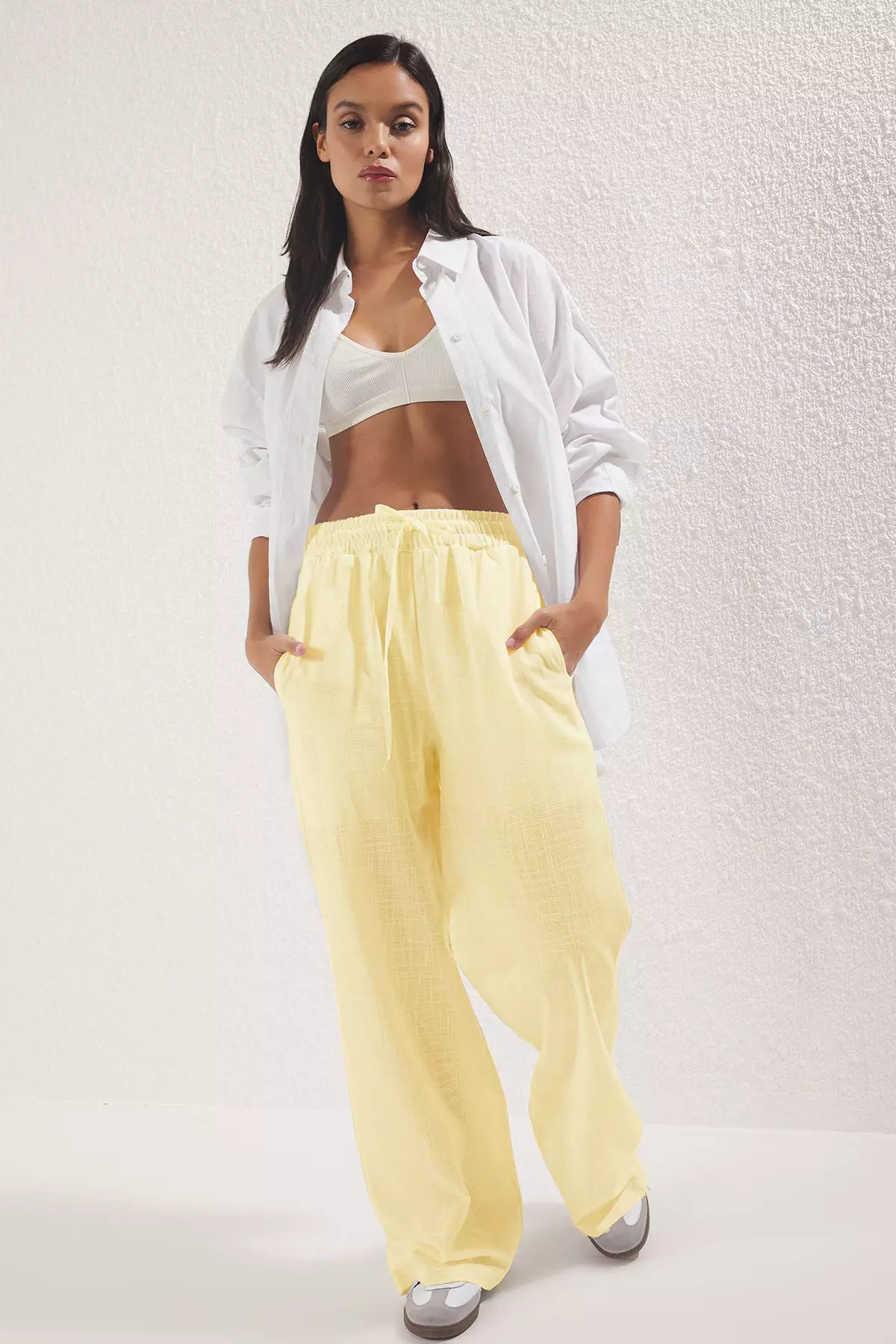 Light Yellow Linen Look Wide Leg Shorts Lined Elastic Waist Pants