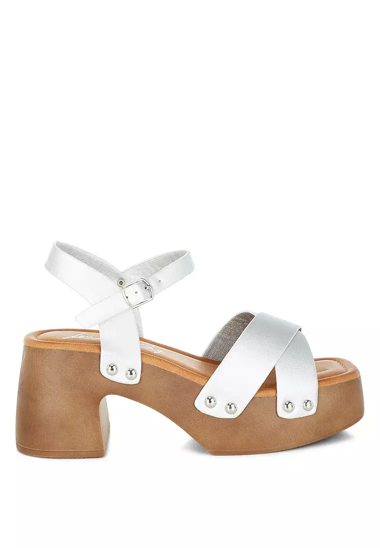 Metallic Faux Leather Clog Sandals in Silver
