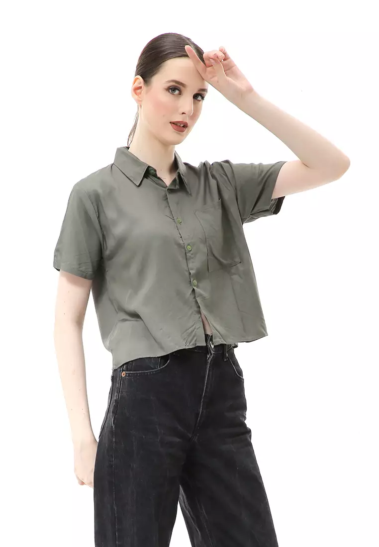 Melinda Kemeja Crop Top Atasan Wanita Motif Polos Relaxed Fit - Army