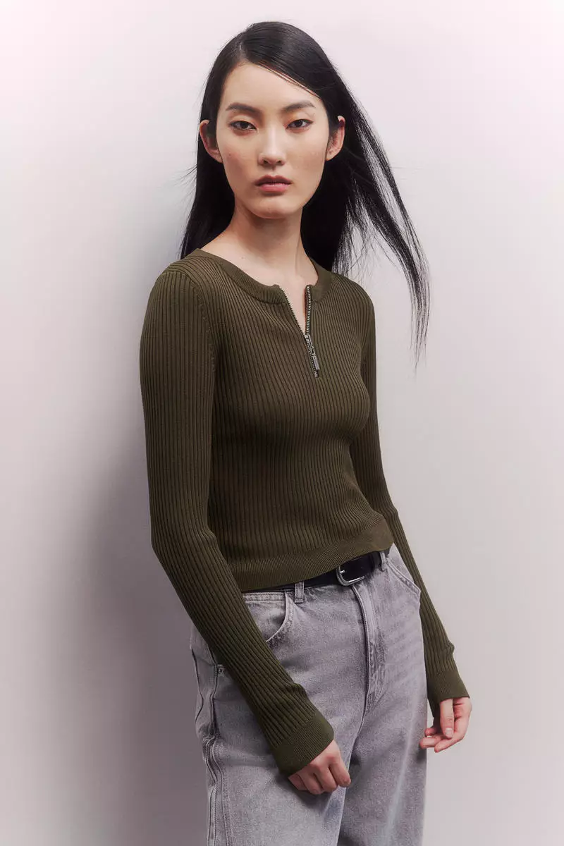 Zip-top rib-knit top