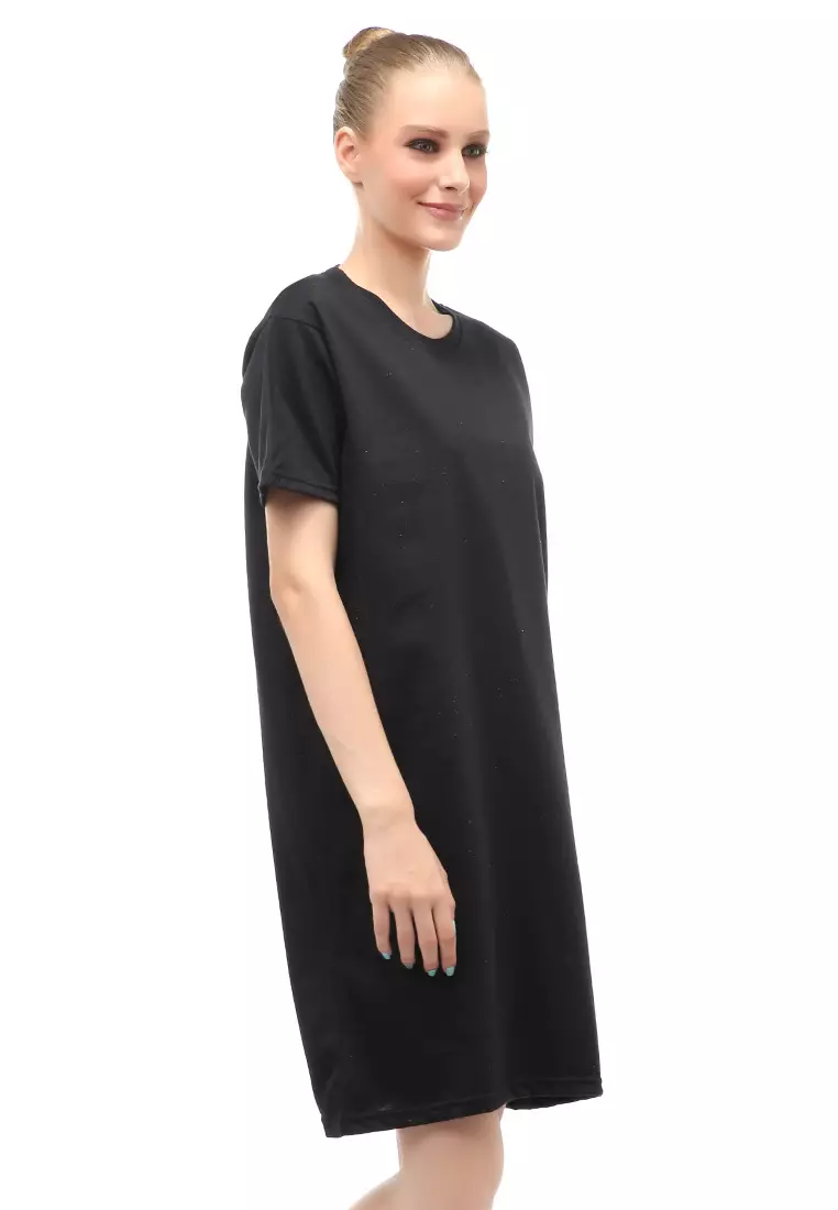 Finch Midi Dress Wanita Short Sleeves Motif Polos - Hitam