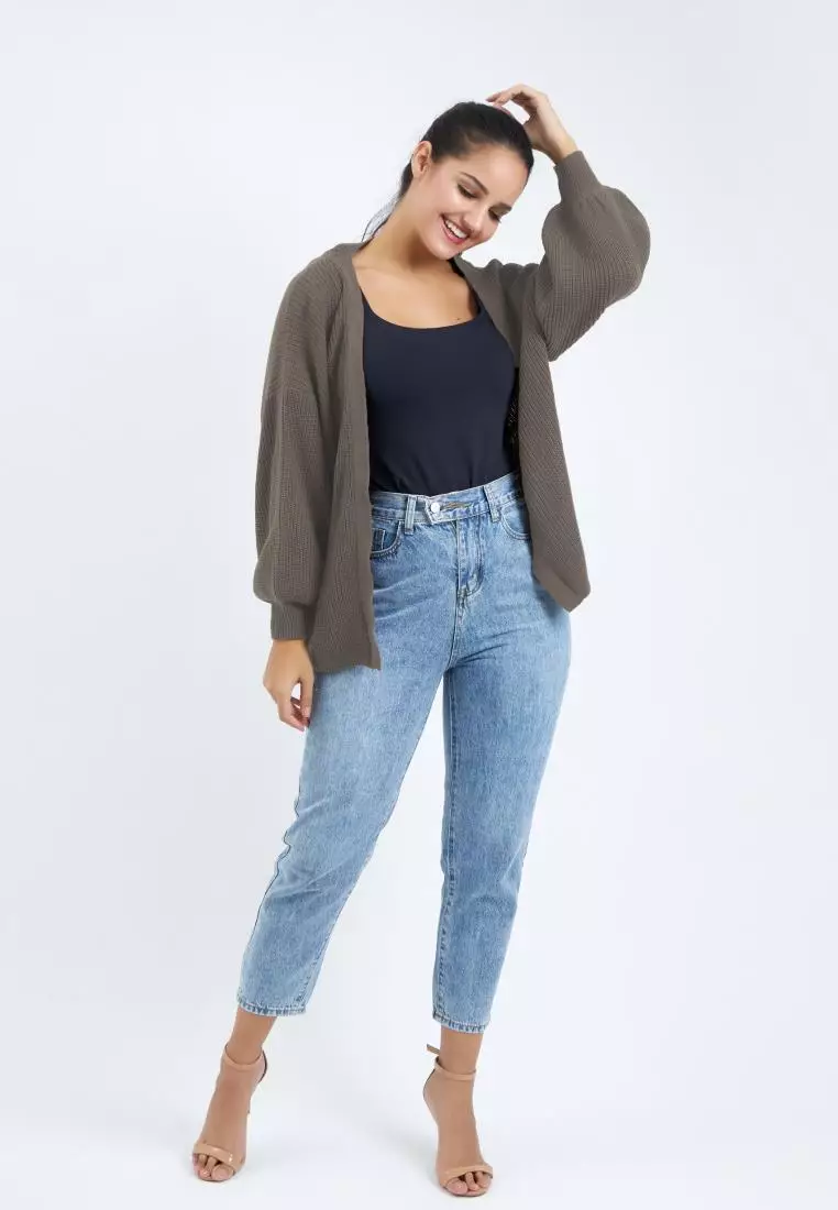 Balloon Sleeve Knit Cardigan in Khaki