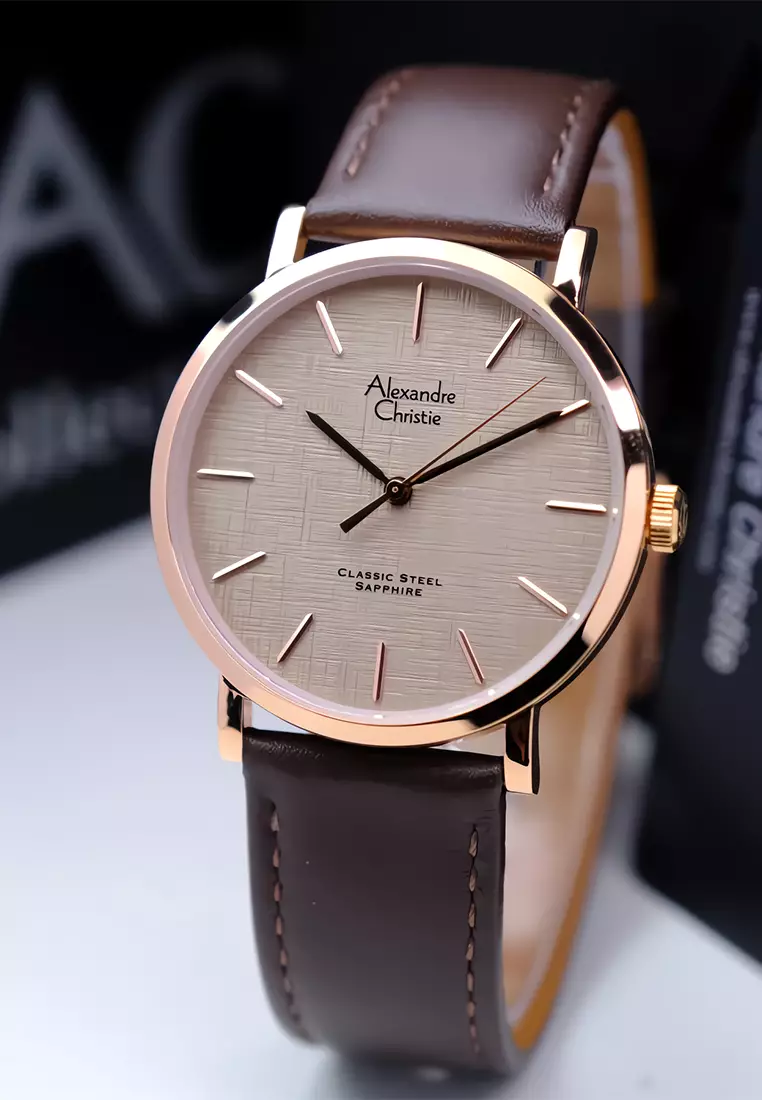 Alexandre Christie Sapphire - Jam Tangan Analog Pria - Rosegold Case Brown Leather Strap - 8698 MHLRGGR