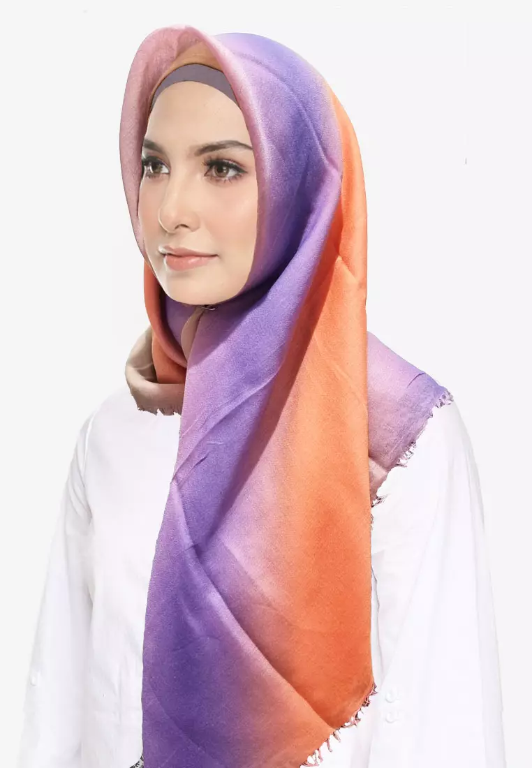Rainbow Square Scarf Hijab Segi Empat Gradasi Pelangi Orange & Purple