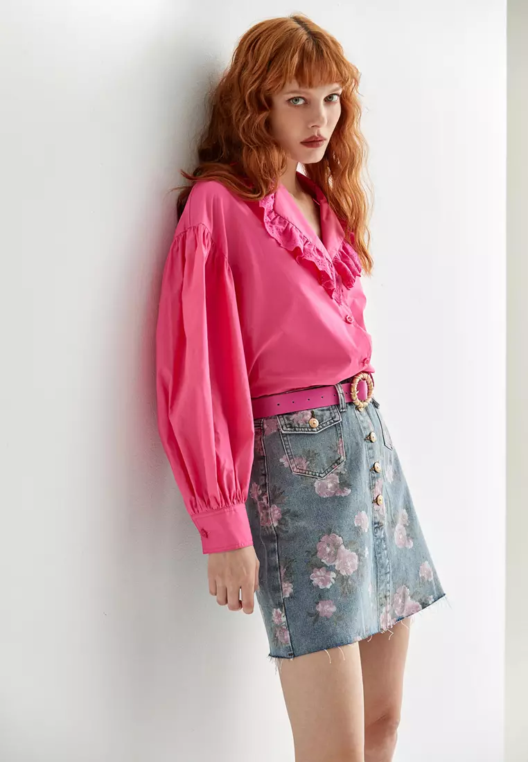 Drop Shoulder Seam Oversize Pink Top With Lace Collar