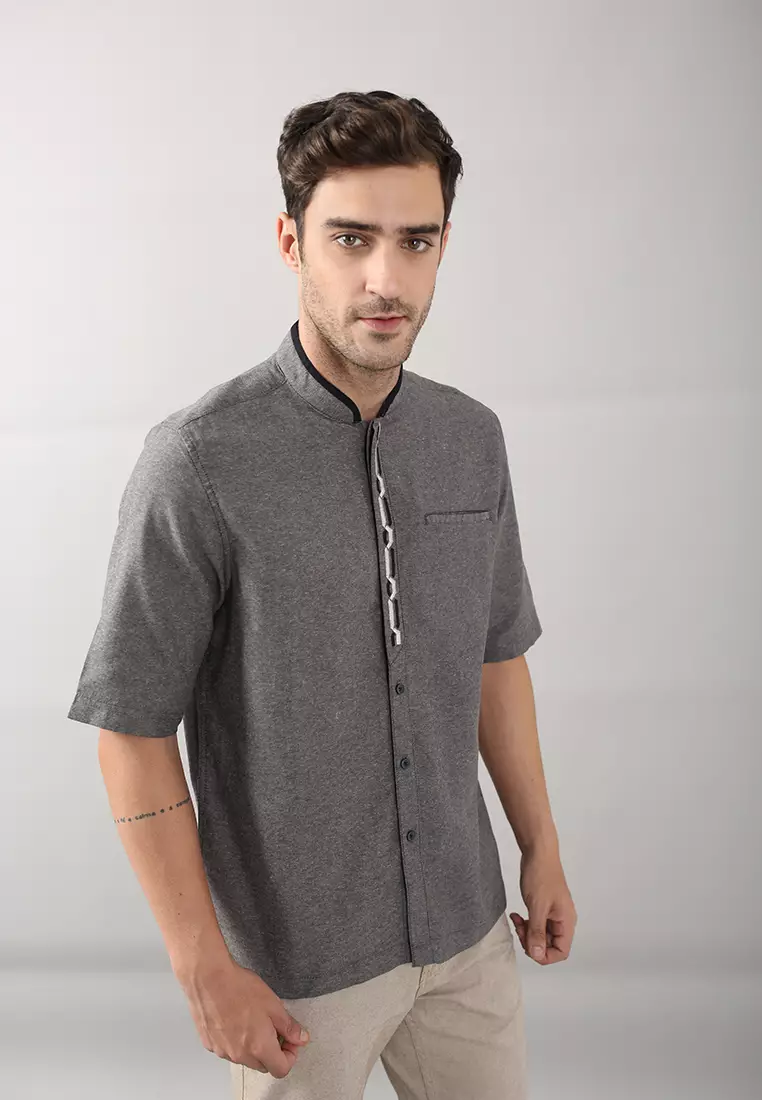 LGS - Baju Koko - Bordir Hitam Putih - Abu - Regular Fit