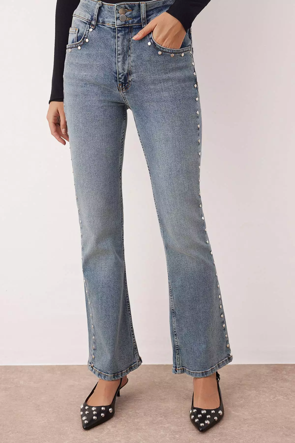 Blue Stone Detailed High Waist Flare Jeans Twoaw26Je00035