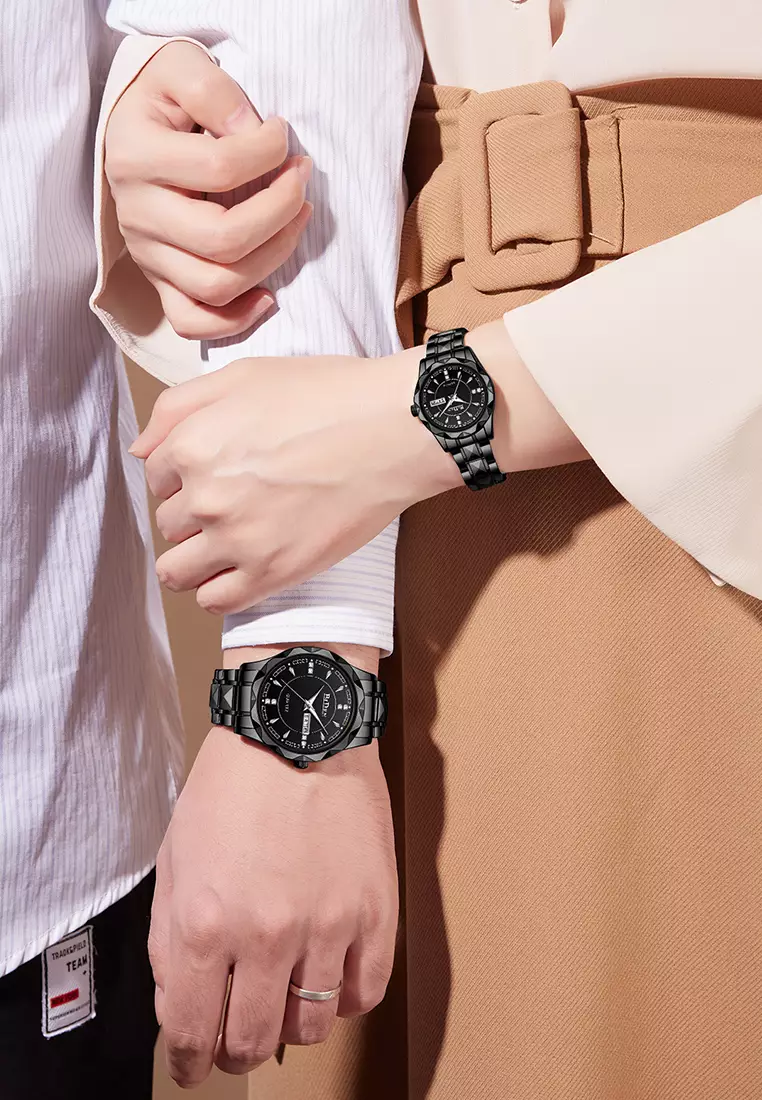 BIDEN Jam Tangan Couple Pasangan Anti Air Original Kalender Bercahaya Luminous Stainless Steel Analog Couple Watch Hitam