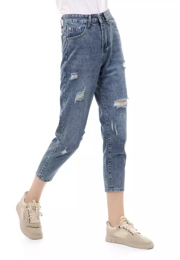 Jourel Long Pants Celana Panjang Wanita Highwaist Style Ripped Material Denim ORIGINAL - Dark Blue