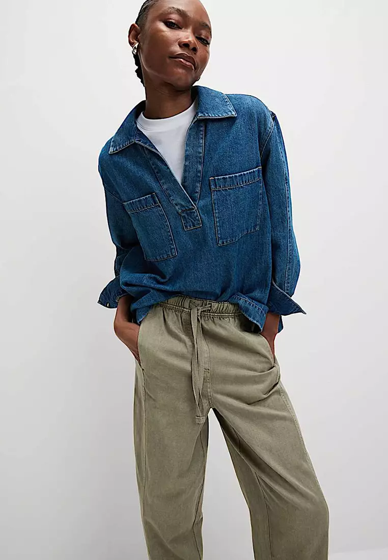 Drawstring Pull On Garment Dye Cropped Tapered Trousers